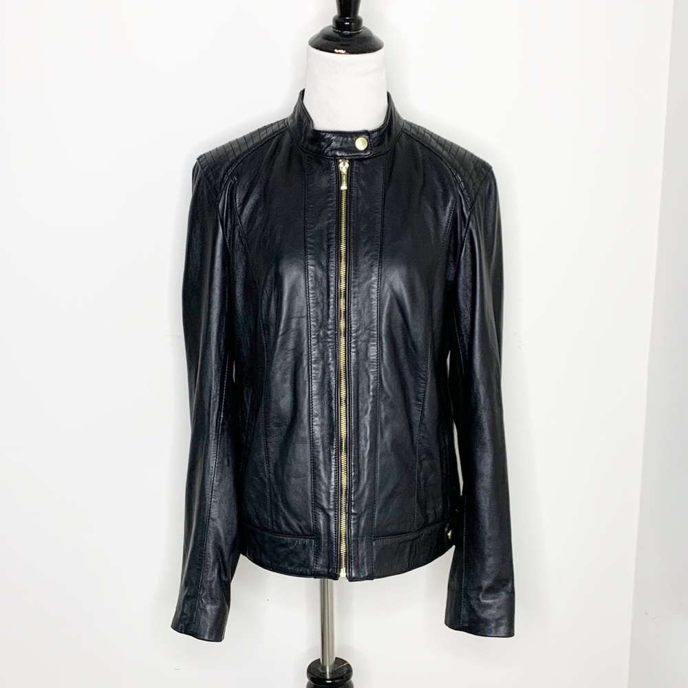 Cole Haan Black Lambskin Leather Moto Jacket